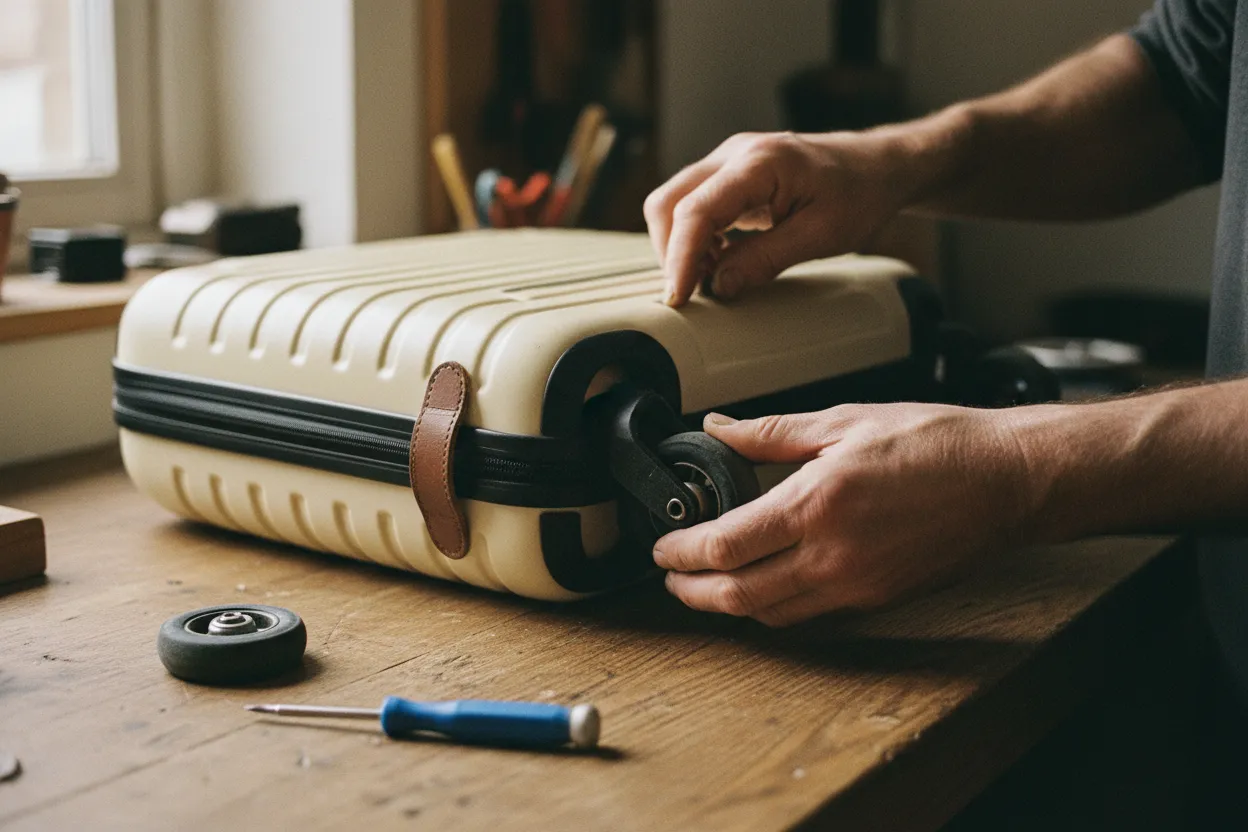 Hands replacing a worn wheel on a cream suitcase at a wooden workshop table
